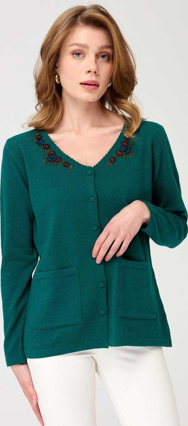 Desen Triko Kadın V Yaka Kenarı Dantel İşlemeli Yün Hırka 23004 K. Ördek Başı - Image 1