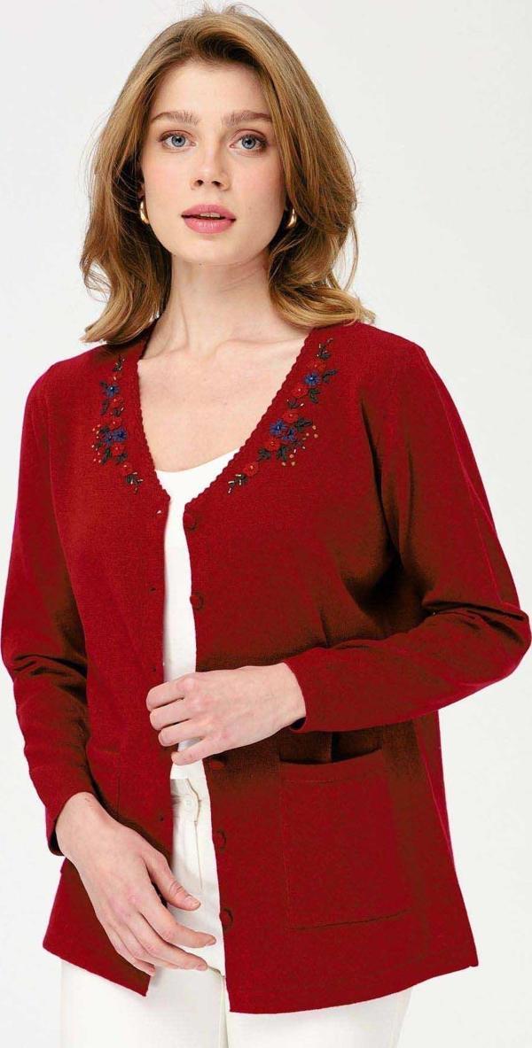 Desen Triko Kadın V Yaka Kenarı Dantel İşlemeli Yün Hırka 23004 Vişne Çürüğü - Image 1