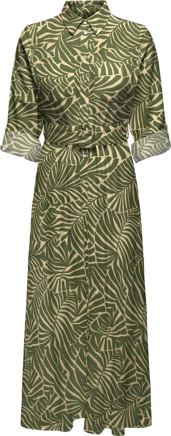 Only Kadın Onlcallıe Desenli Beli Kemerli Uzun Keten Elbise 15318799 Yeşil - Image 1