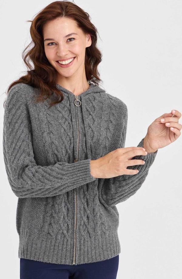 Desen Triko Kadın Kapüşonlu Saç Yürütme Örgülü Yün Hırka 23198 Füme - Image 1