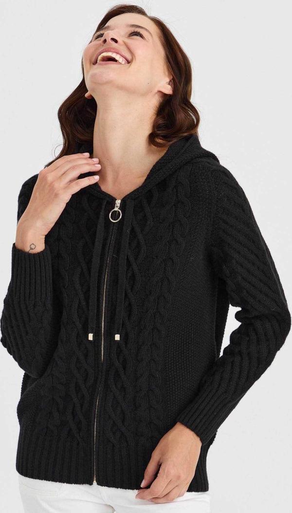 Desen Triko Kadın Kapüşonlu Saç Yürütme Örgülü Yün Hırka 23198 Siyah - Image 1
