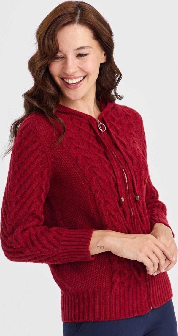 Desen Triko Kadın Kapüşonlu Saç Yürütme Örgülü Yün Hırka 23198 V.Kırmızı - Image 1