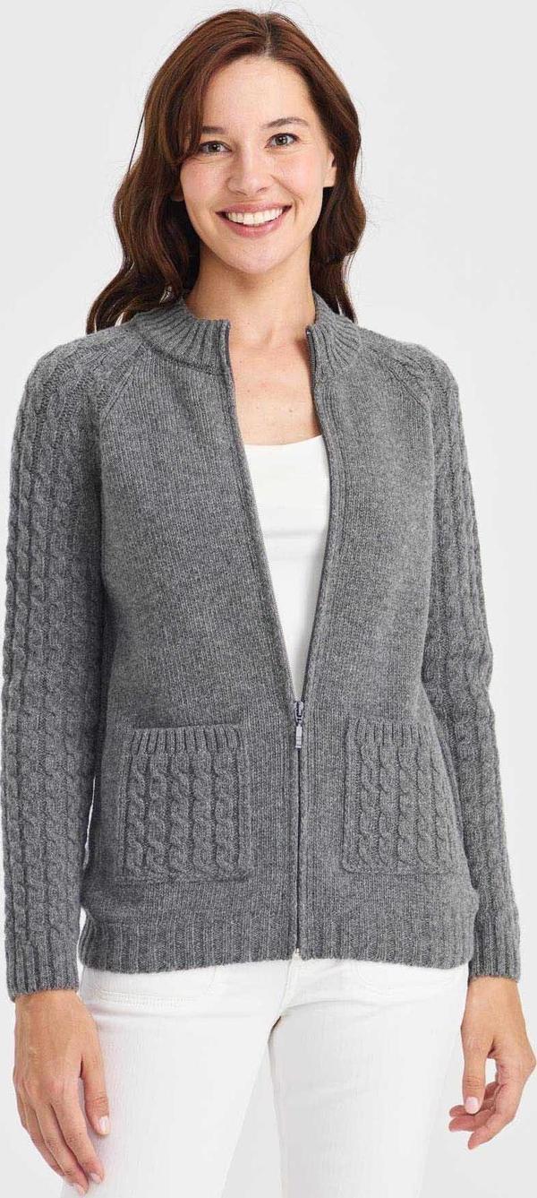 Desen Triko Kadın Dik Yaka Cebi ve Kolu Saç Örgü Yün Hırka 23203 Füme - Image 1