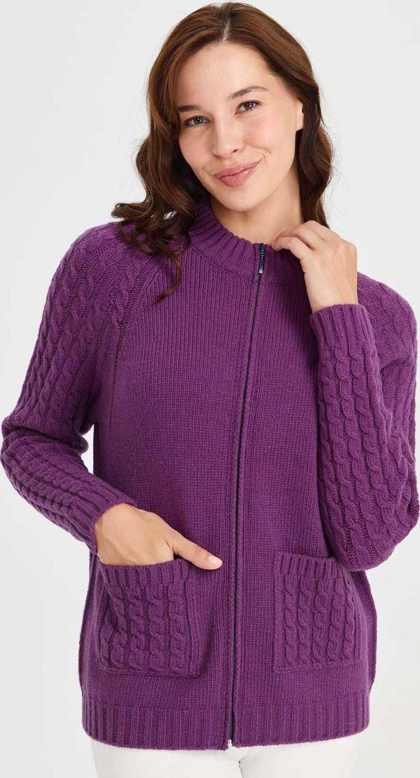 Desen Triko Kadın Dik Yaka Cebi ve Kolu Saç Örgü Yün Hırka 23203 A.Mor - Image 1