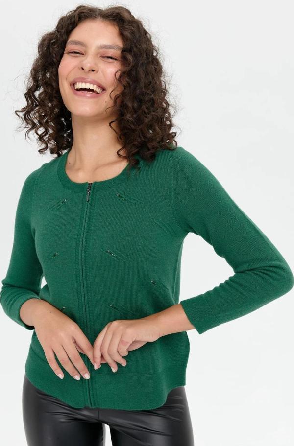 Desen Triko Kadın Sıfır Yaka Dikişsiz Önü Taşlı Fermuarlı Yün Hırka 24216 Ö. Başı - Image 1