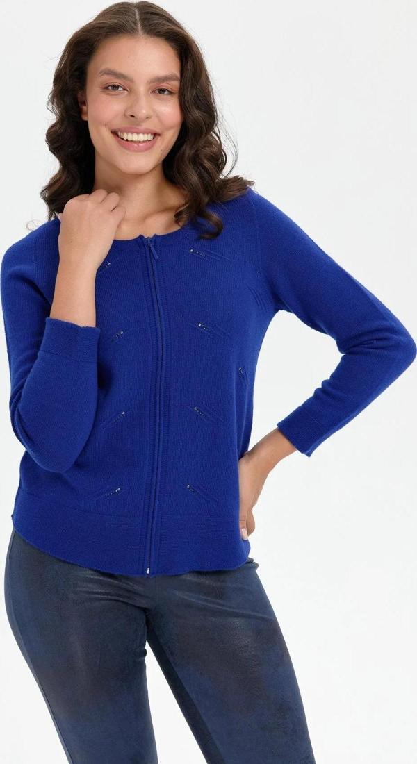 Desen Triko Kadın Sıfır Yaka Dikişsiz Önü Taşlı Fermuarlı Yün Hırka 24216 Koyu Saks - Image 1