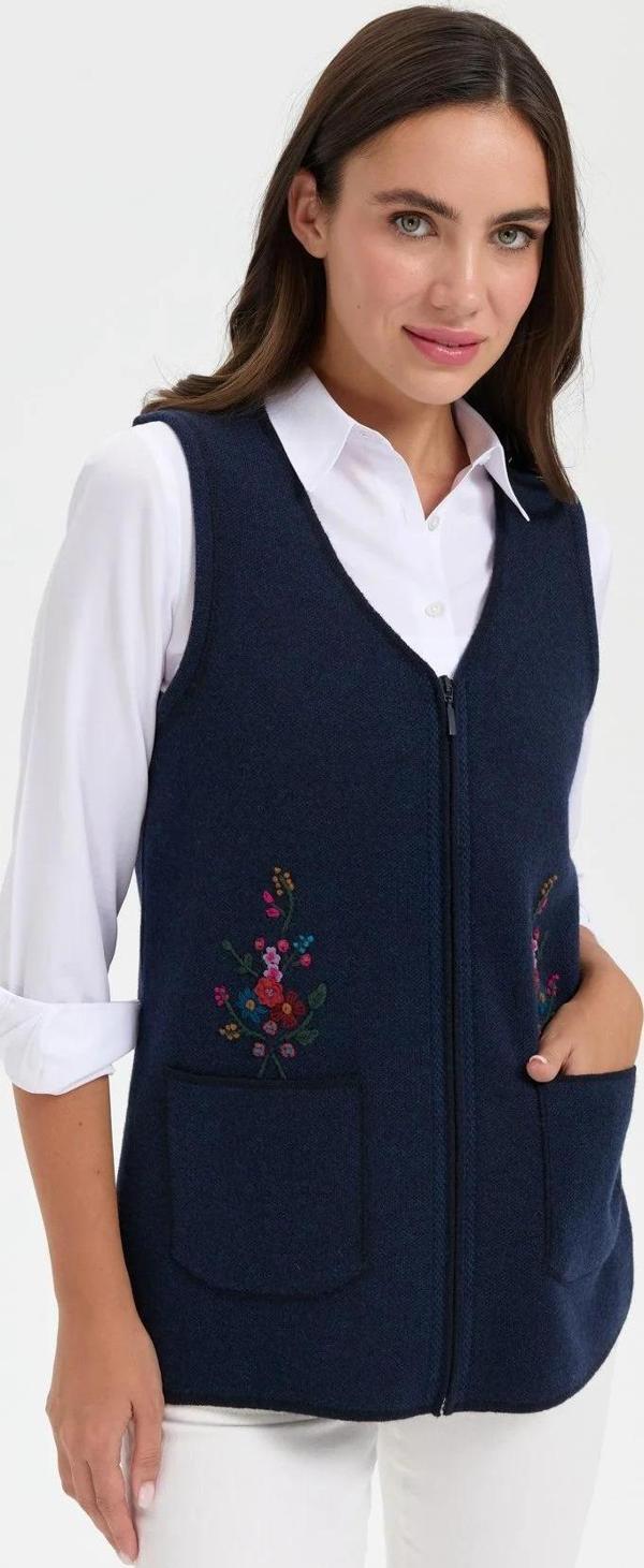 Desen Triko Kadın V Yaka Cep Üstü Nakış İşlemeli Yün Yelek 24001 Koyu Lacivert - Image 1