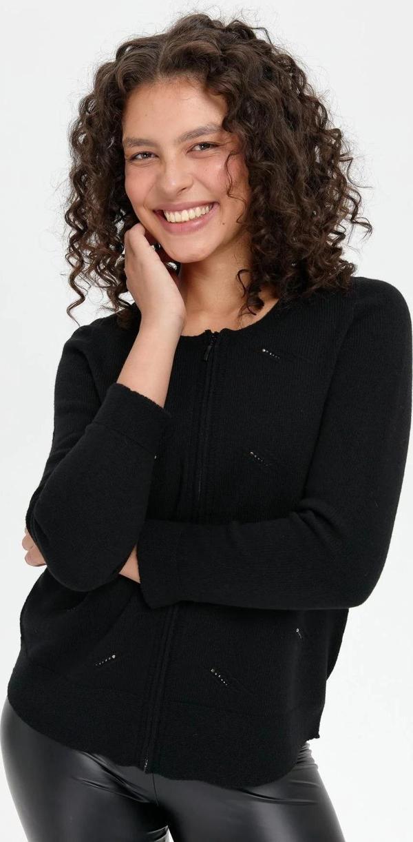 Desen Triko Kadın Sıfır Yaka Dikişsiz Önü Taşlı Fermuarlı Yün Hırka 24216 Siyah - Image 1