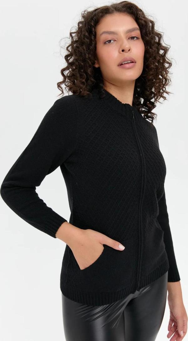 Desen Triko Kadın Dik Yaka Dikişsiz Önü Fermuarlı Yün Hırka 24218 Siyah - Image 1
