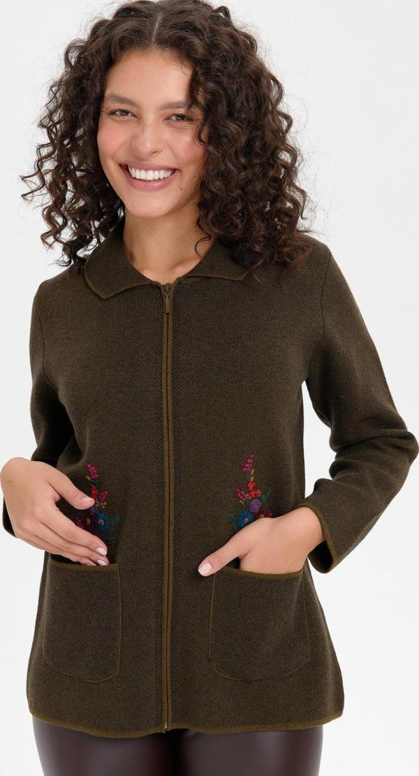 Desen Triko Kadın Polo Yaka İşlemeli Kısa Yün Hırka 24005 A. Yeşil - Image 1