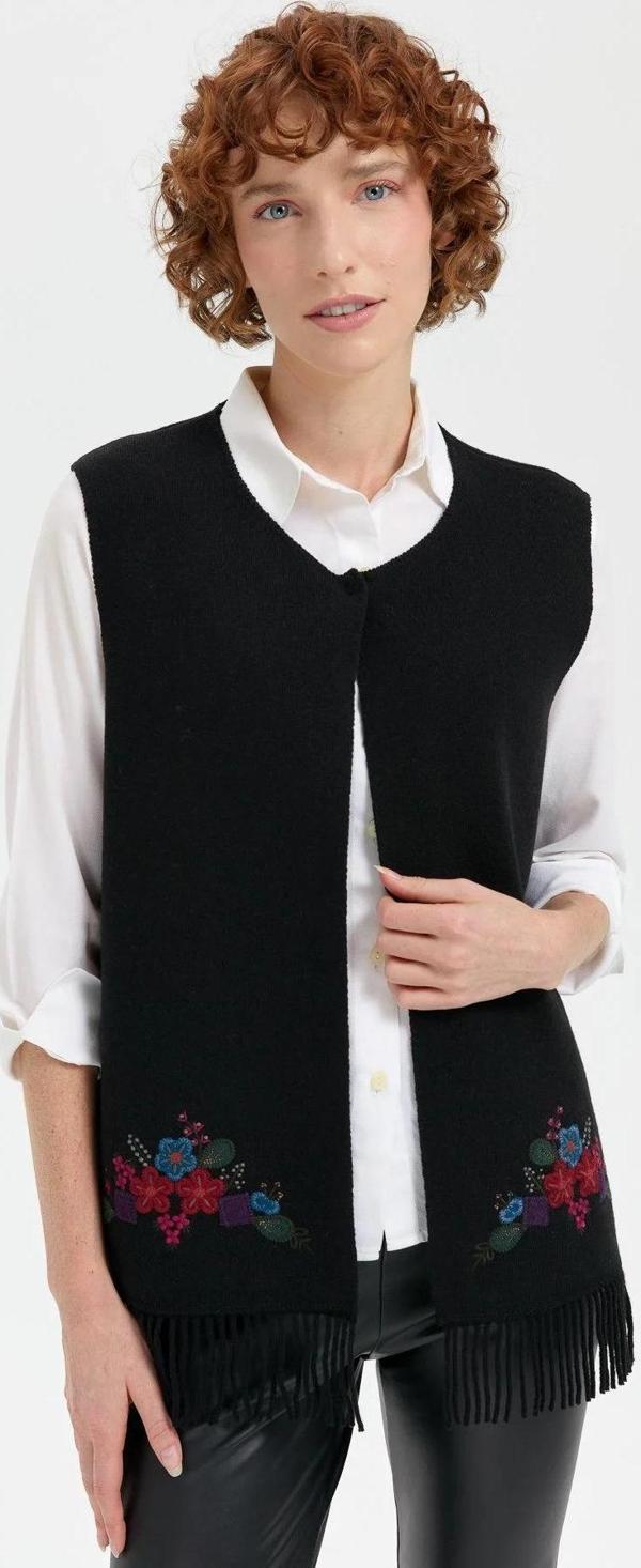 Desen Triko Kadın Sıfır Yaka Eteği İşlemeli Yün Yelek 24010 Siyah - Image 1