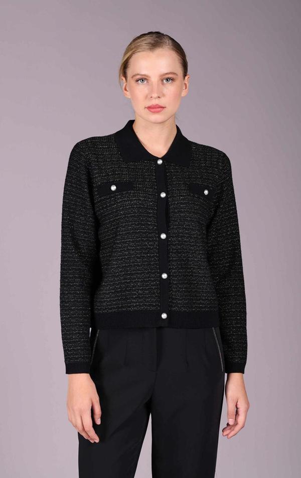 Sempre Kadın İnci Düğmeli Polo Yaka Simli Yün Hırka 2558 Siyah - Image 1