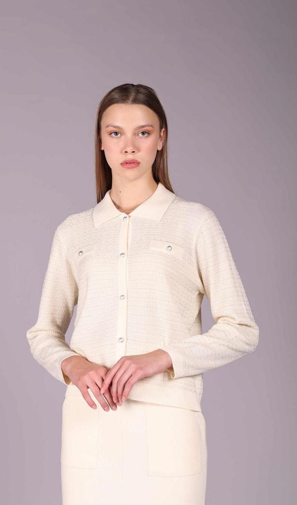 Sempre Kadın İnci Düğmeli Polo Yaka Simli Yün Hırka 2558 Fildişi - Image 1