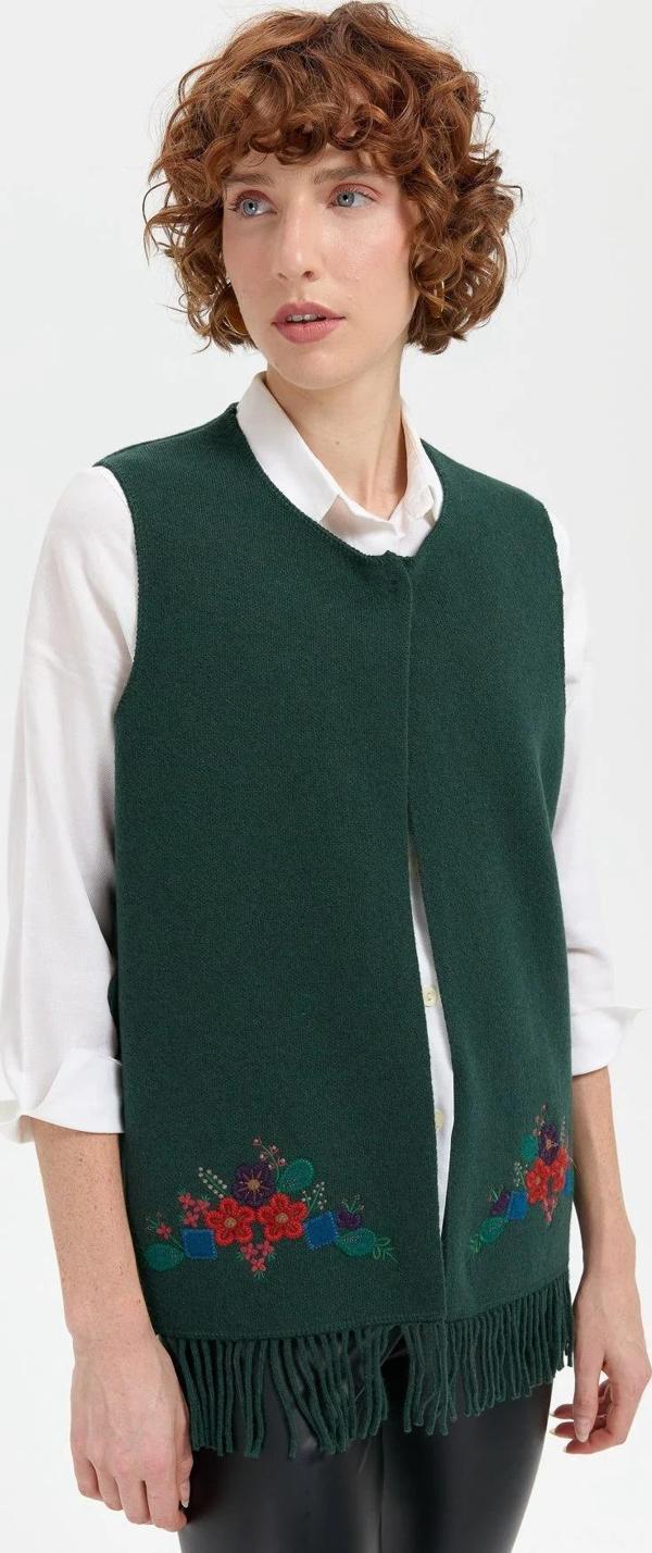Desen Triko Kadın Sıfır Yaka Eteği İşlemeli Yün Yelek 24010 Yeşil - Image 1