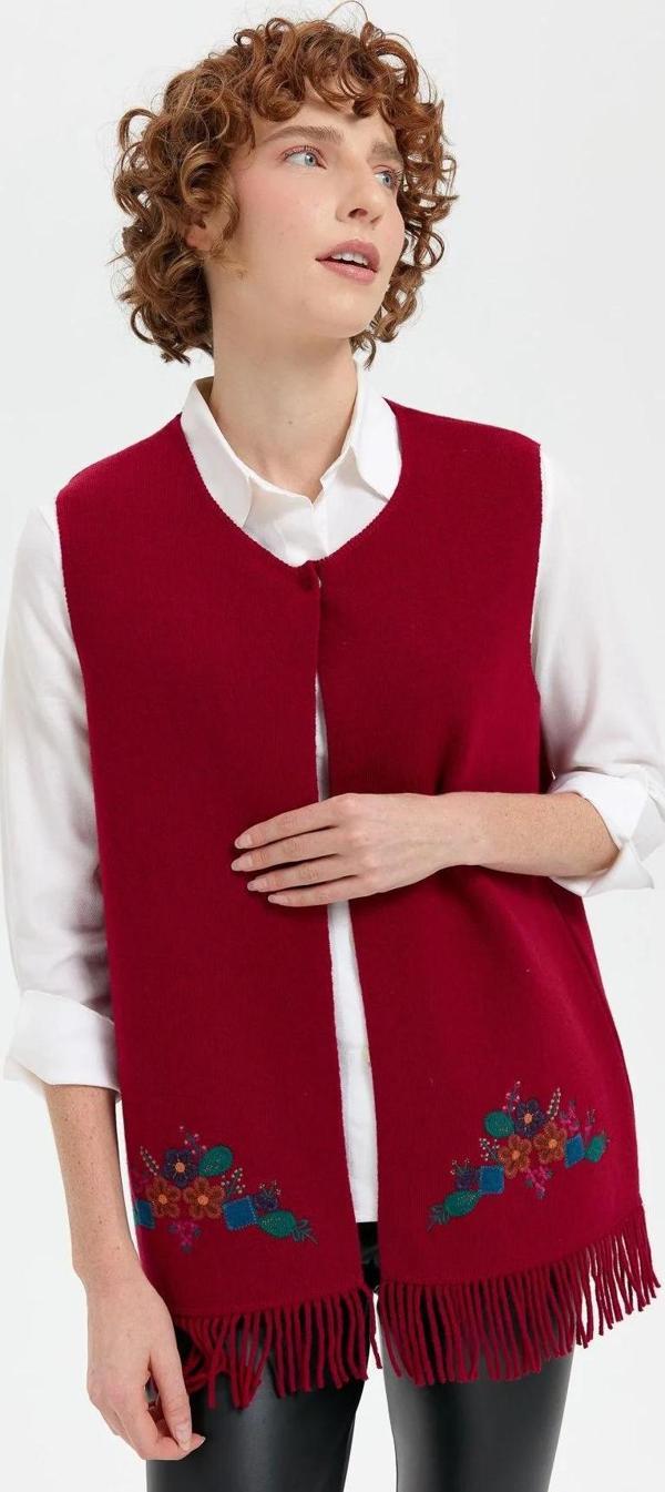 Desen Triko Kadın Sıfır Yaka Eteği İşlemeli Yün Yelek 24010 Vişne Çürüğü - Image 1