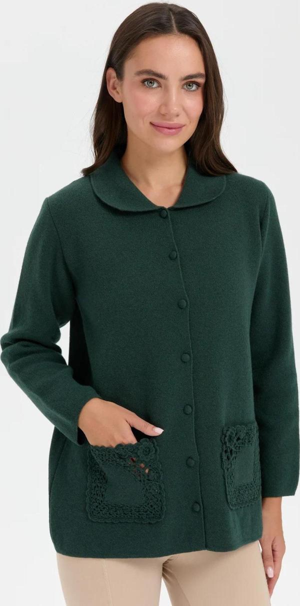 Desen Triko Kadın Polo Yaka Cebi Gül İşlemeli Kısa Yün Hırka 24015 Yeşil - Image 1