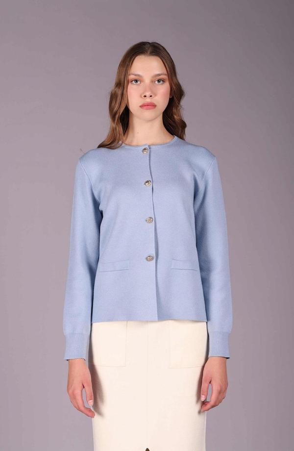 Sempre Kadın Bisiklet Yaka Gold Metal Düğmeli Hırka 2579 Mavi - Image 1