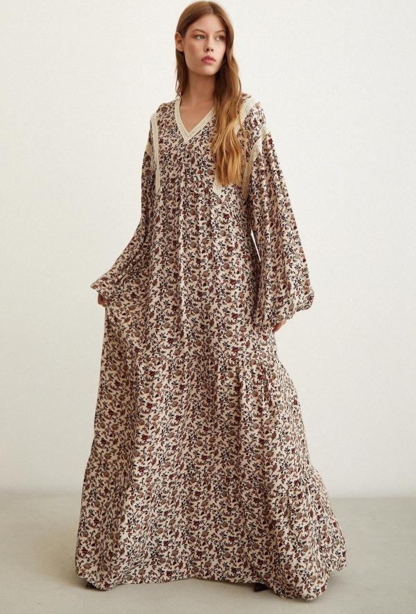 Brode Dantelli Elbise Bej - Image 1