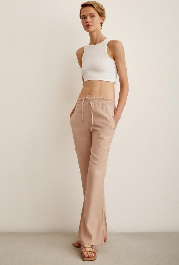 Beli Lastikli Biyeli Yüksek Bel Pantolon Pudra - Image 1