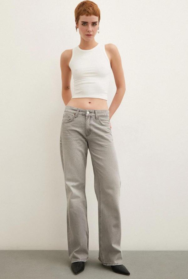 Taş Detaylı Yüksek Bel Wide Leg Jean Füme - Image 1