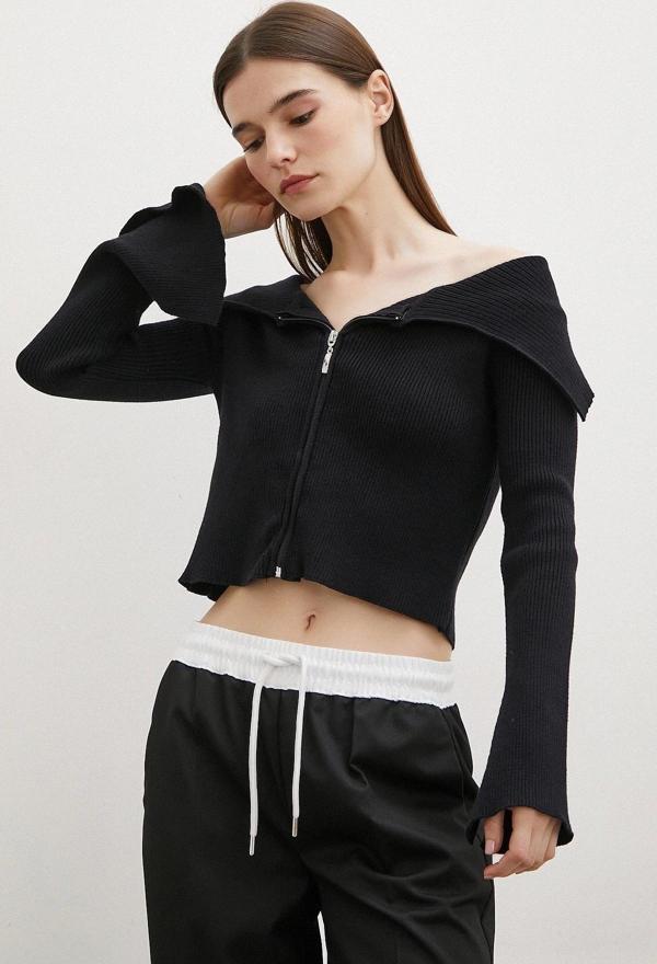 Fermuarlı Mendil Yaka Hırka Siyah - Image 1