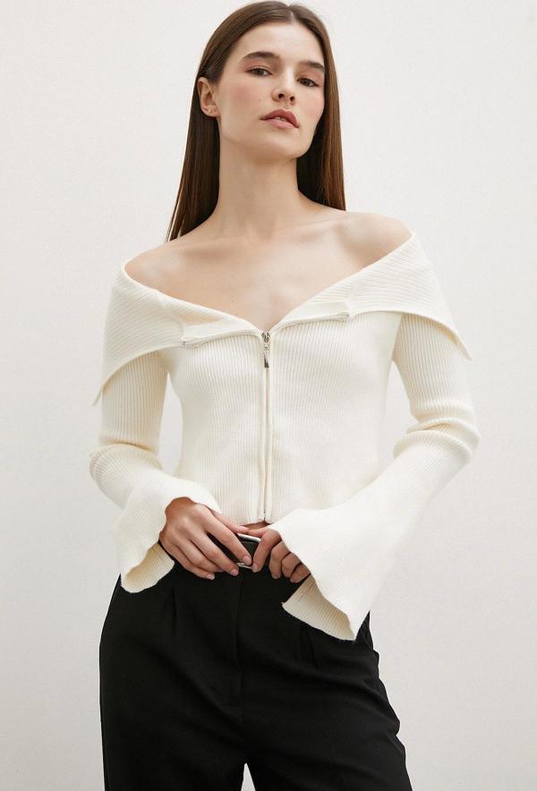 Fermuarlı Mendil Yaka Hırka Ekru - Image 1