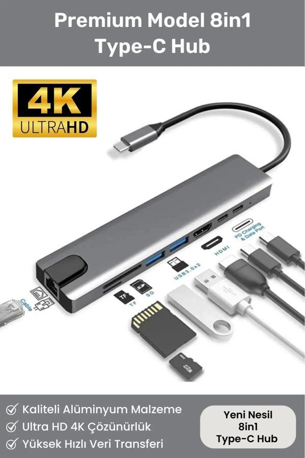 8 Girişli Macbook Pro Air Usb Type-c Hub Dönüştürücü Çevirici Çoklayıcı Usb Hdmi Micro SD 8in1 - Image 1