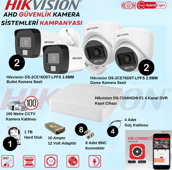 Hikvision Sesli Smart Hybrid Light AHD 2 Adet Dome 2 Adet Bullet Kamera 2 Mp Güvenlik Kamera Seti - Image 1