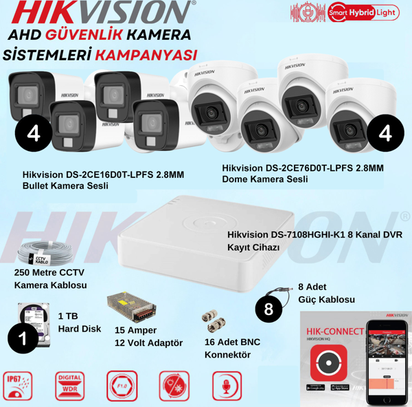 Hikvision Sesli Smart Hybrid Light AHD 4 Adet Bullet 4 Adet Dome Kamera 2 Mp Güvenlik Kamera Seti - Image 1