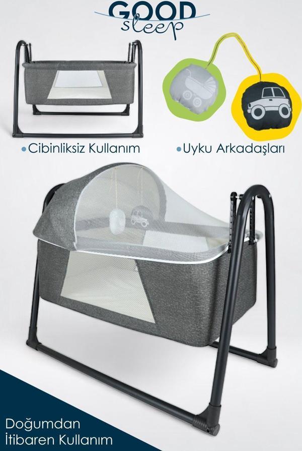 İronika Good Sleep Portatif Sallanır Anne Yanı Cibinlikli Bebek Beşiği Bebek Yatağı Beşik - Füme - Image 1