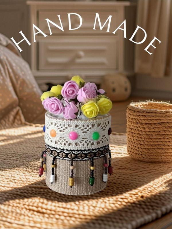 El Yapımı Dantelli ve Boncuk Süslemeli masaüstü Porselen Saksılık / kalemlik Şık ve Zarif Dekoratif - Image 1