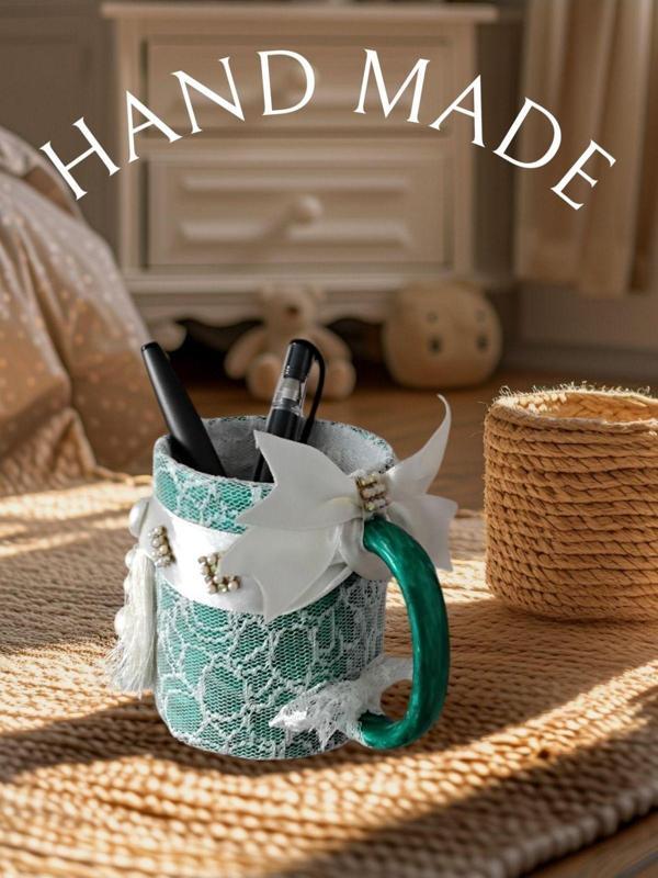 El Yapımı Dantelli ve inci Süslemeli masaüstü Porselen Saksılık / kalemlik Şık ve Zarif Dekoratif - Image 1