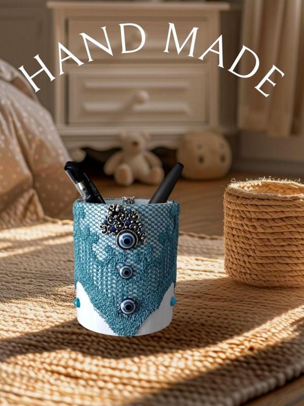 El Yapımı Dantelli ve nazar boncuğu Süslemeli masaüstü Porselen Saksılık / kalemlik Şık ve Zarif - Image 1