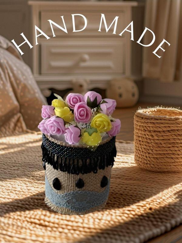 El Yapımı Dantelli ve örme Kristal Taş Süslemeli masaüstü Porselen Saksılık / kalemlik - Image 1