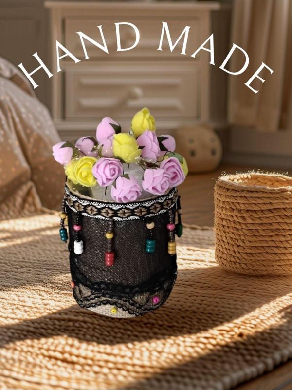 El Yapımı Dantelli ve Taş Süslemeli masaüstü Porselen Saksılık / kalemlik Şık ve Zarif Dekoratif - Image 1