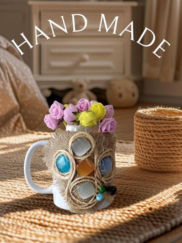 El Yapımı Hasır ve Cam Taş Süslemeli masaüstü Porselen Saksılık / kalemlik Şık ve Zarif Dekoratif - Image 1