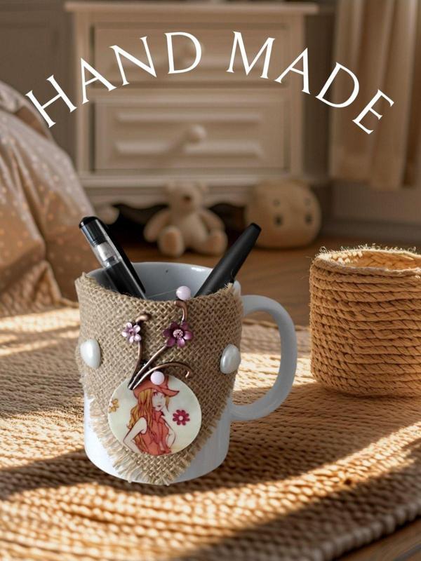 El Yapımı Hasır ve sedef Süslemeli masaüstü Porselen Saksılık / kalemlik Şık ve Zarif dekor - Image 1