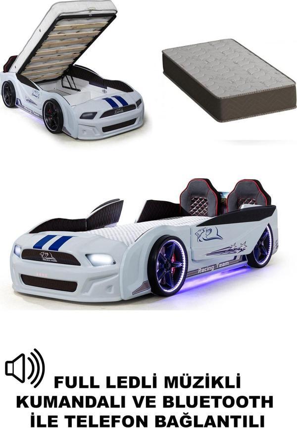 Ferramini Bazalı Arabalı Yatak Kapıları Açılan Mustang Full Ledli Kumandalı ve Müzikli + Ortopedik Yatak - Image 1