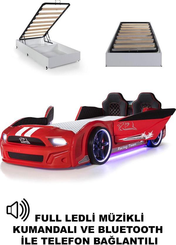 Ferramini Bazalı Arabalı Yatak Kırmızı Kapıları Açılan Mustang Full Ledli Kumandalı ve Müzikli - Image 1