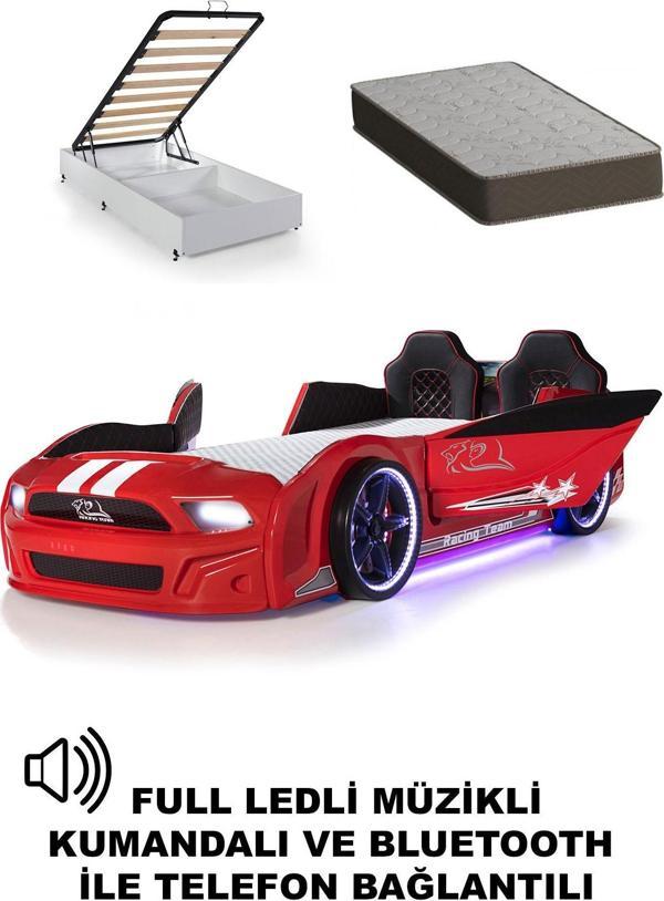Ferramini Bazalı Arabalı Yatak Kırmızı Kapıları Açılan Mustang Full Ledli Kumandalı ve Müzikli+Ortopedik Yatak - Image 1