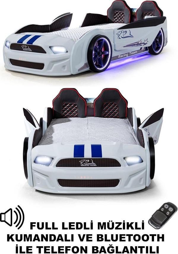 Ferramini Beyaz Arabalı Yatak Kapıları Açılan Mustang Full Ledli Kumandalı ve Müzikli - Image 1