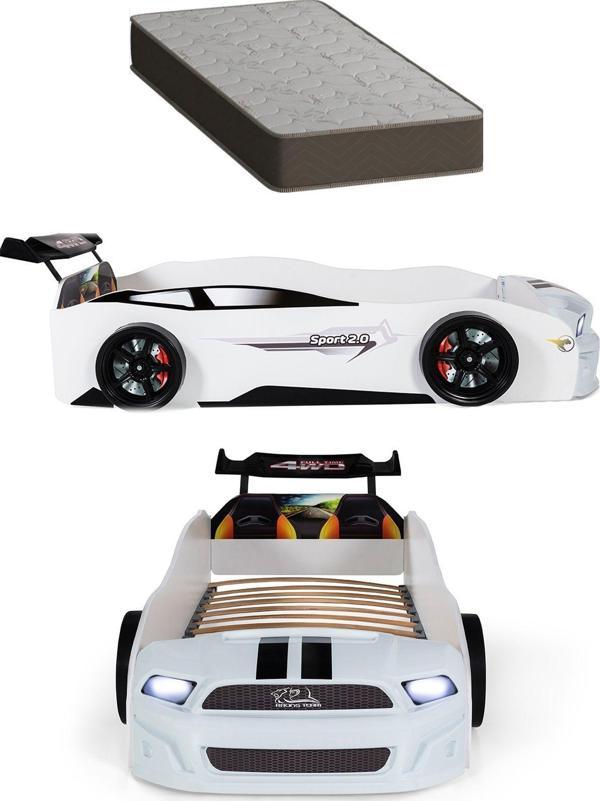 Ferramini Beyaz Arabalı Yatak Sport Mst Işıklı +Otopedik Yatak - Image 1