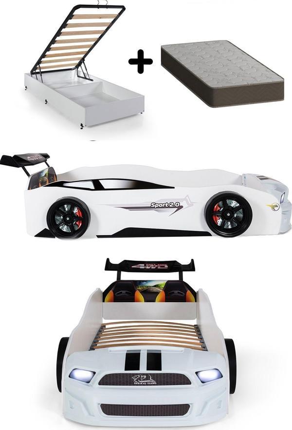Ferramini Beyaz Arabalı Yatak Sport Mst Işıklı Baza Ortopedik Yatak - Image 1