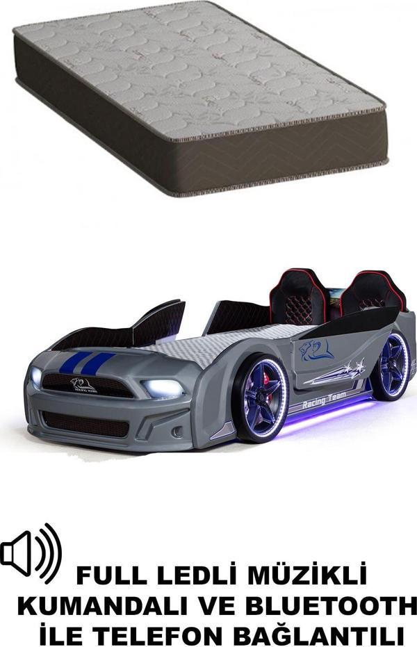 Ferramini Gri Arabalı Yatak Kapıları Açılan Mustang Full Ledli Kumandalı ve Müzikli + Ortopedik Yatak - Image 1