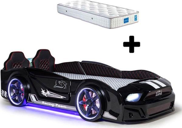 Ferramini Siyah Arabalı Yatak Kapıları Açılan Mustang Full Ledli Kumandalı ve Müzikli + Ortopedik Yatak - Image 1