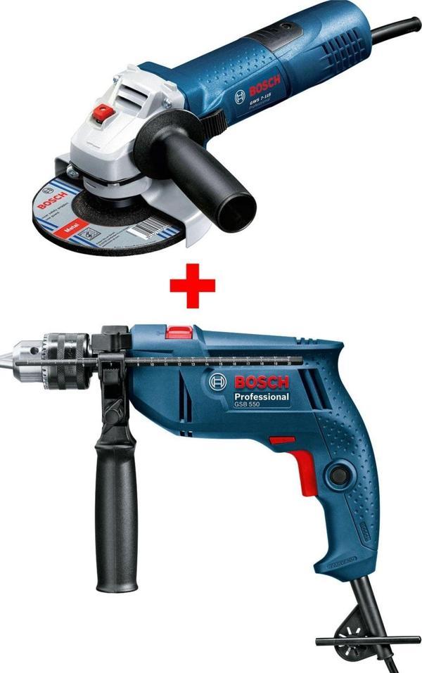 Bosch Profesyonel Avuç Taşlama Makinası Gws 7-115 + Darbeli Matkap Gsb 550 - Image 1