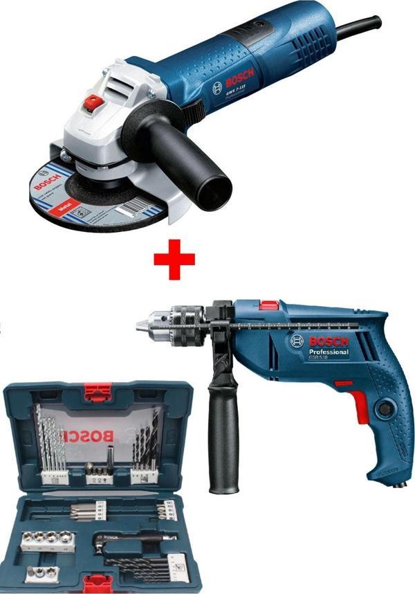 Bosch Profesyonel Avuç Taşlama Makinası Gws 7-115 + Darbeli Matkap Gsb 550 + 41 Parça Uç Seti - Image 1