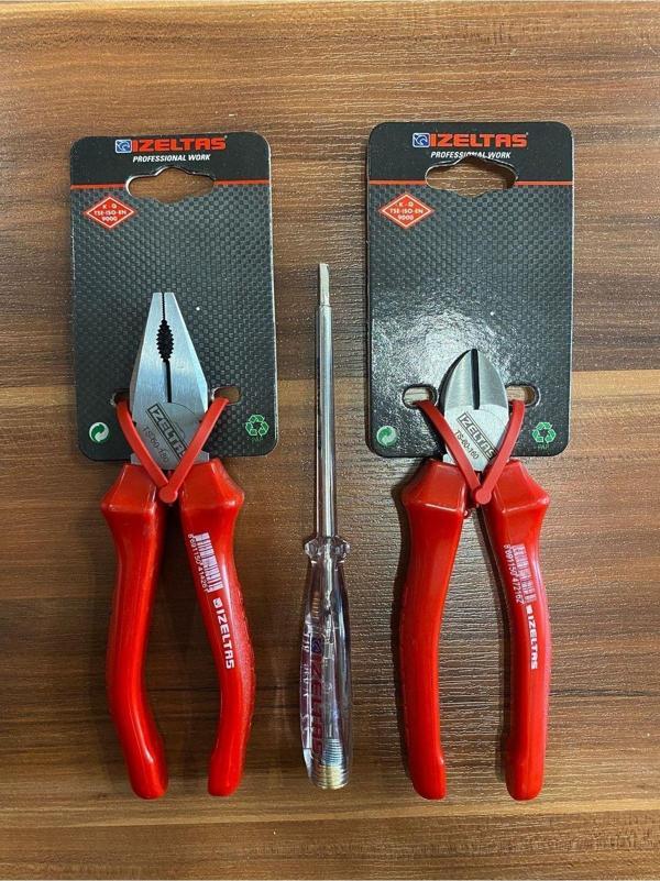İzeltaş 180 Mm Pense , 160 Mm Yan Keski , 190 Mm Kontrol Kalemi Seti 3 Parça - Image 1
