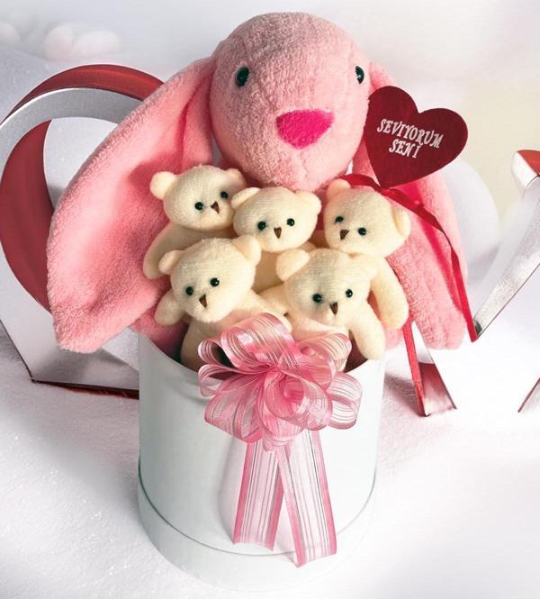 SOLE Premium Özel Hediye Kutusunda  45 cm Pembe Bunny Tavşan ve 5 Adet Krem Peluş Ayıcık Buketi - Image 1