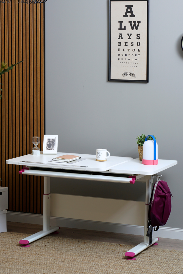 Creo Mobili Yükseklik ve Eğim Ayarlı, Vega Simple Çalışma Masası - 130x70 cm, Beyaz/Fuşya - Image 1